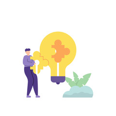 illustration of people trying to solve a puzzle game. light bulb puzzle. solve the problem. ideas and solutions. flat cartoon style. vector design. can be used for UI elements, landing pages.