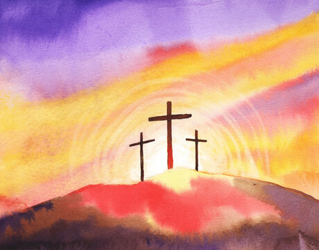 Watercolor Illustration. Christian Easter Scene, Saviour's Cross On Dramatic Sunrise Scene