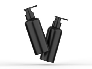 Black plastic bottle with pump dispenser for branding, Cosmetic bottle with pump mockup on isolated white background, 3d render illustration