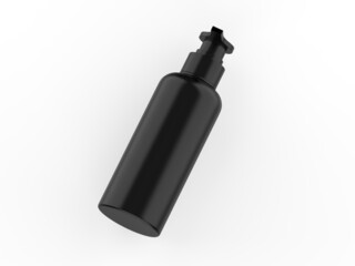 Black plastic bottle with pump dispenser for branding, Cosmetic bottle with pump mockup on isolated white background, 3d render illustration