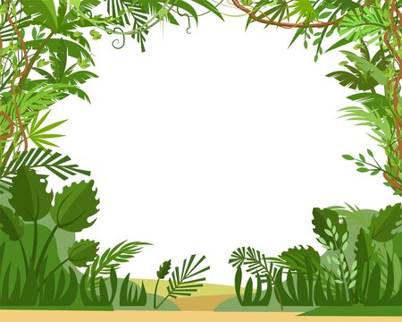 Jungle frame. Green tropical trees, herbs and shrubs. Flat cartoon style. Green exotic landscape. Isolated on white background. Sandy terrain. Vector.