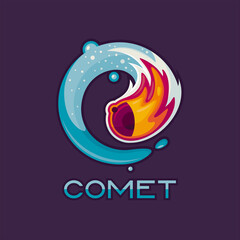 Vector flat illustration of the comet logo flying in a spiral. A vivid illustration of the flight of a meteorite. Logo, emblem or sticker design template.