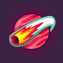 Vector flat illustration of a comet with a tail around the planet. A meteorite flies past the planet against the background of space and stars. Bright vector illustration, sticker or logo design. © Алена Габидуллина