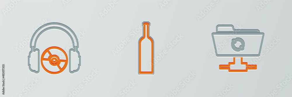 Poster set line ftp sync refresh, headphones and cd or dvd and bottle of wine icon. vector