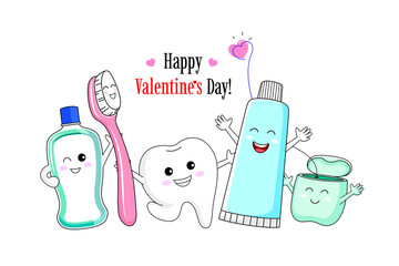 Cute cartoon tooth character with mouthwash, toothbrush, toothpaste and dental floss. Dental care concept. Vector illustration.