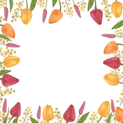 square frame of mimosa tulips, spring watercolor wreath for postcards, women's day and valentine's day, wedding invitations, banner