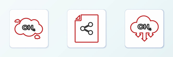 Set line Methane emissions reduction, and Share file icon. Vector