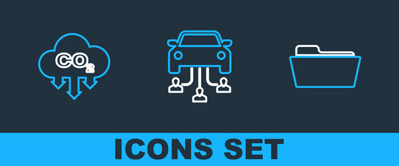 Set line Folder, CO2 emissions in cloud and Car sharing icon. Vector