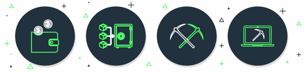 Set line Proof of stake, Crossed pickaxe, Cryptocurrency wallet and Mining with laptop and icon. Vector