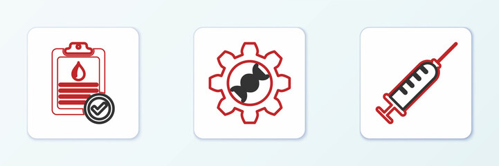 Set line Syringe, Clipboard with blood test and Genetic engineering icon. Vector