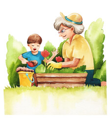 Grandmother and grandson gardening in beautiful garden. Little boy and grandmother sits a flower. Watercolor illustration for postcard, poster, website, invitation.