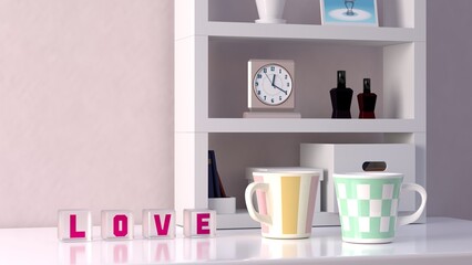 LOVEの文字のガラスキューブが置かれたデスク　マグカップ　部屋　3DCG　背景