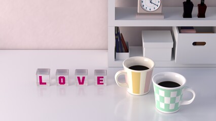 LOVEの文字のガラスキューブが置かれたデスク　マグカップ　部屋　3DCG　背景
