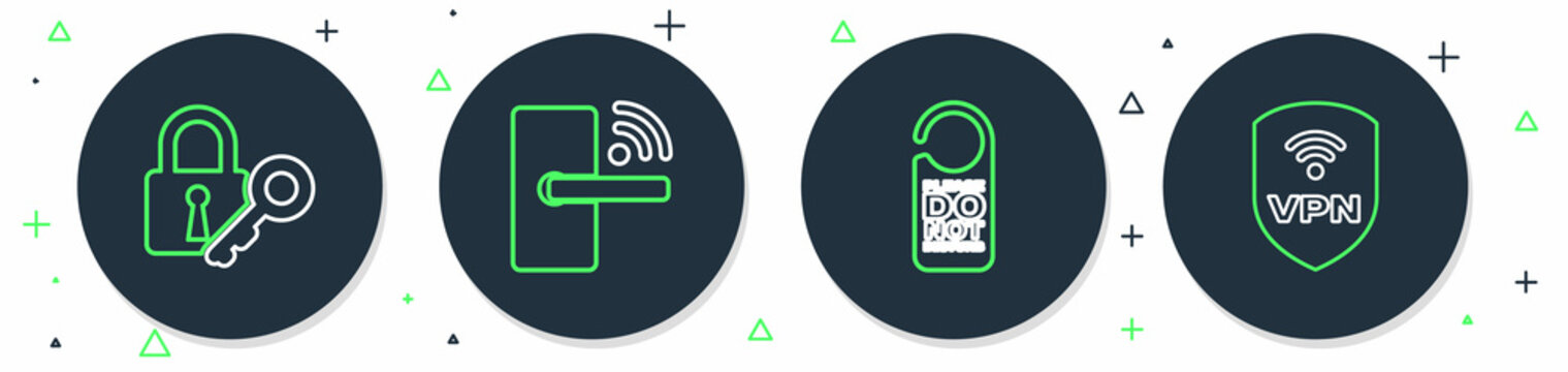 Set Line Digital Door Lock With Wireless, Please Not Disturb, Lock And Key And Shield VPN Icon. Vector