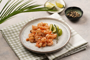 Grilled shrimps or tiger prawns served with lime, garlic and fresh herbs on scandi round plate on...