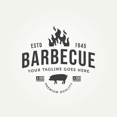 vintage classic pork barbecue badge logo. typography silhouette pig barbecue with flame and american flag emblem logo template vector illustration design