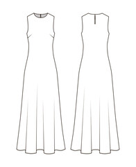 Fashion technical drawing of  long sleeveless dress. 