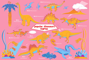 人気のある恐竜達10種類のレトロ風イラスト
