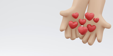 3D Rendering of hand with heart shape and copy space isolated on white background concept of valentine's day, love expression, social support and donation. 3D render illustration cartoon style.