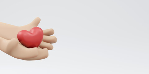 3D Rendering of hand with heart shape and copy space isolated on white background concept of valentine's day, love expression, social support and donation. 3D render illustration cartoon style.