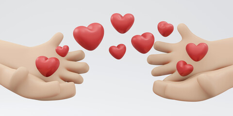 3D Rendering of hand with heart shape and copy space isolated on white background concept of valentine's day, love expression, social support and donation. 3D render illustration cartoon style.