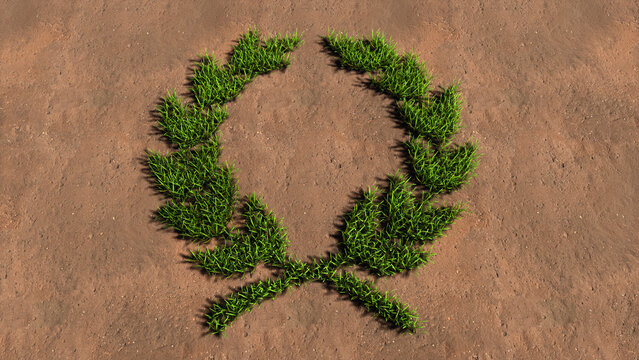 Concept conceptual green summer lawn grass symbol shape on brown soil or earth background, laurel wreaths sign. 3d illustration metaphor for victory, winning, success, achievement, triumph