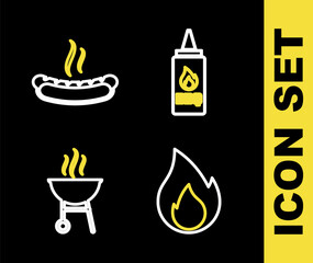 Set line Ketchup bottle, Fire flame, Barbecue grill and Hotdog sandwich icon. Vector