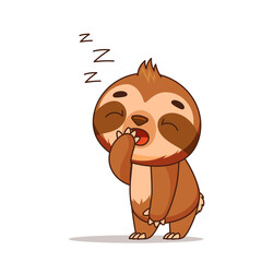 Sleepy sloth yawns Zzz and covers his mouth. Vector illustration for designs, prints and patterns. Vector illustration