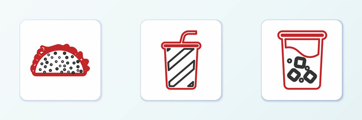 Set line Glass with water, Taco tortilla and icon. Vector