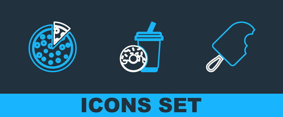 Set line Ice cream, Pizza and Soda drink with donut icon. Vector