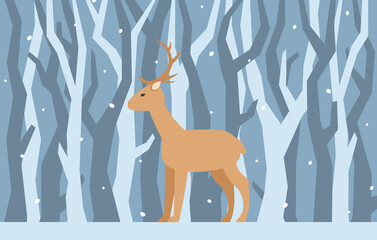 Deer on the background of tree trunks. Winter landscape with a deer. © valjara