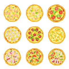 Set of tasty pizza with various ingredients. Top view of Italian fast food dish vector illustration