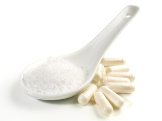 Carnitine Powder with Capsules isolated on white Background - Healthy Nutrition