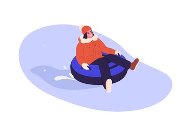 Fototapeta na wymiar Happy woman on snow tubing sliding down slope. Person having fun on winter holidays. Female enjoying outdoor leisure activity in wintertime. Flat vector illustration isolated on white background
