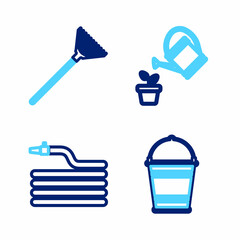 Fototapeta premium Set line Planting tree in the ground, Garden hose or fire hose, Watering can and rake for leaves icon. Vector