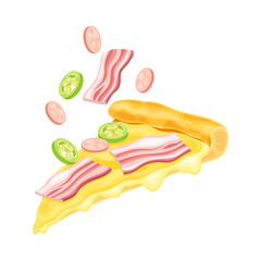 Slice of pizza with bacon, salami and pepper. Tasty Italian fast food vector illustration