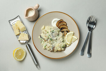 Concept of tasty food with risotto with mushrooms, top view