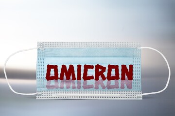 Omicron Coronavirus background printed on surgical mask image. New covid variant