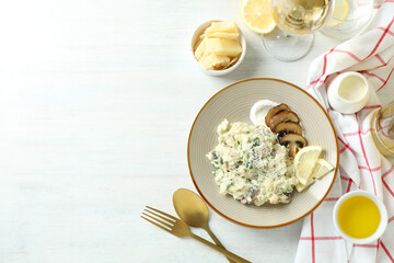 Concept of tasty food with risotto with mushrooms, space for text