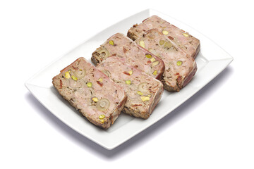 Sliced Traditional French terrine covered with bacon isolated on white background