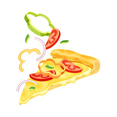 Slice of vegetarian pizza with tomato, pepper and onion. Tasty Italian fast food vector illustration
