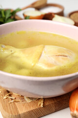 Concept of tasty food with chicken soup, close up