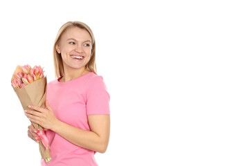 Obraz premium Young woman with bouquet of flowers isolated on white background