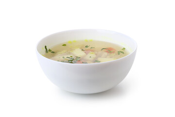 Plate with chicken soup isolated on white background