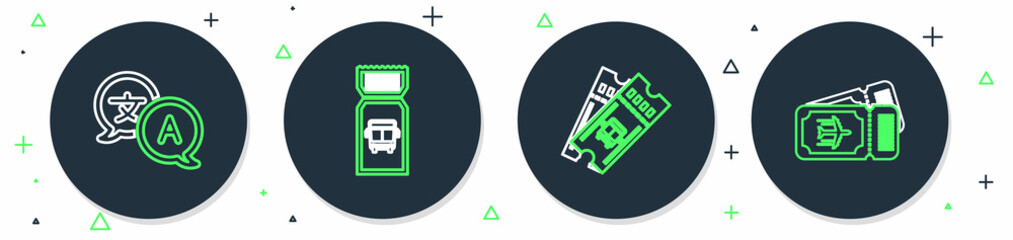 Set line Bus ticket, Translator and Airline icon. Vector