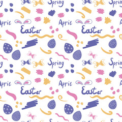 Lettering, Easter eggs and bows on a white background. Easter seamless pattern.