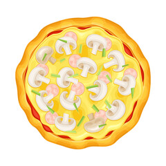 Top view of whole pizza with mushrooms and sausage. Tasty Italian fast food vector illustration