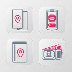 Set line Train ticket, Cover book travel guide, Online car sharing and icon. Vector