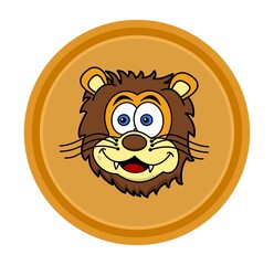 Panel and circular badge with smiling lion on yellow background 