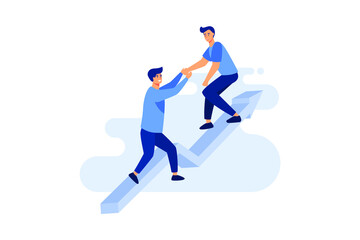 Fototapeta na wymiar Business teamwork concept. Businessmen working together, helping each other to climb arrow of success. Team of people work hard to reach top position flat vector illustration 